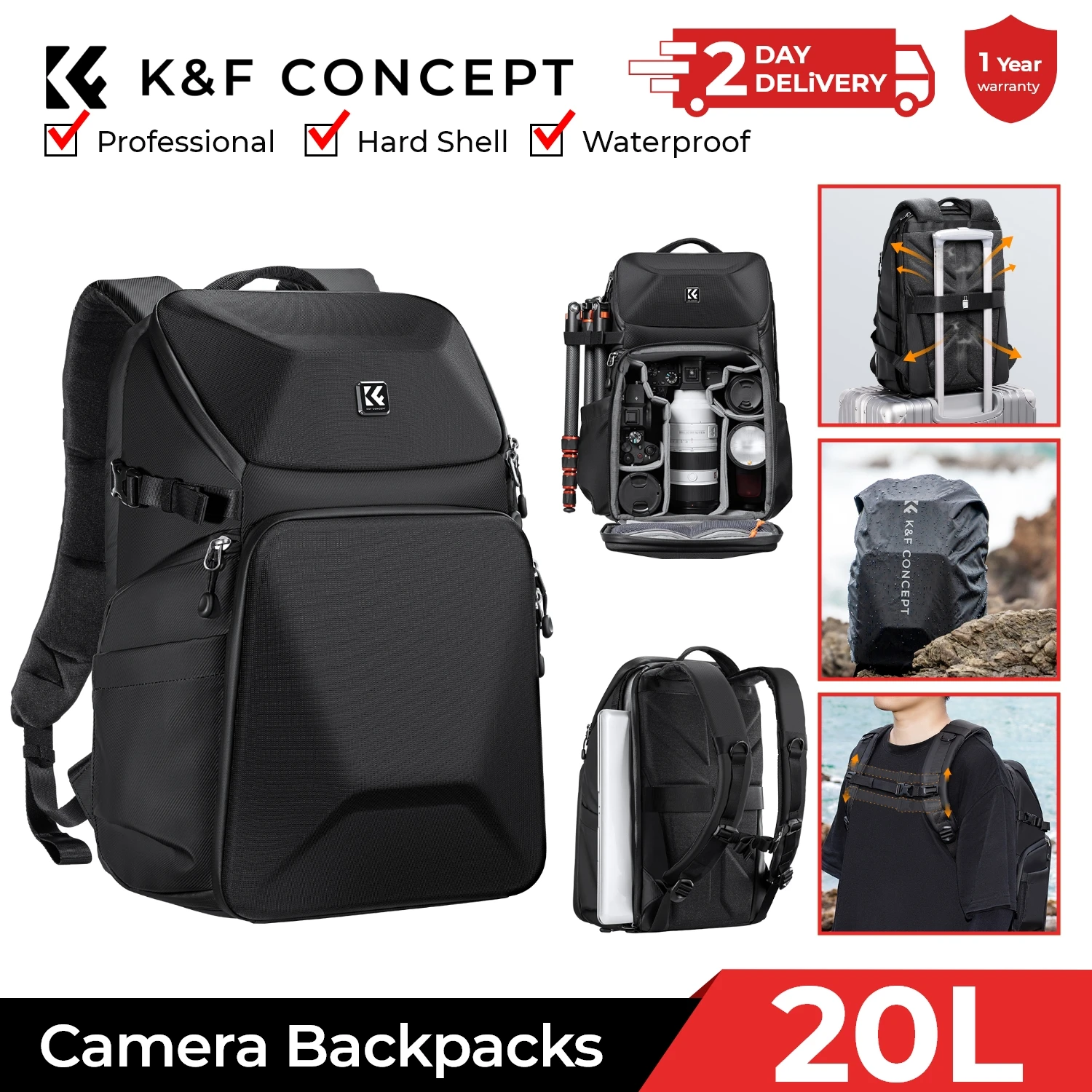 Laptop Backpack 15.6 - K&F CONCEPT 20L カメラバックパック 防水フロントハードシェル /