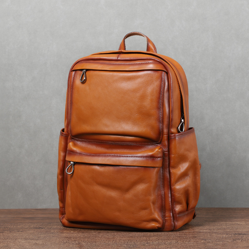 Laptop Backpack 15.6 - YETTIES メンズ ヴィンテージ ベジタブルタンニンなめしレザー バックパック 大容量