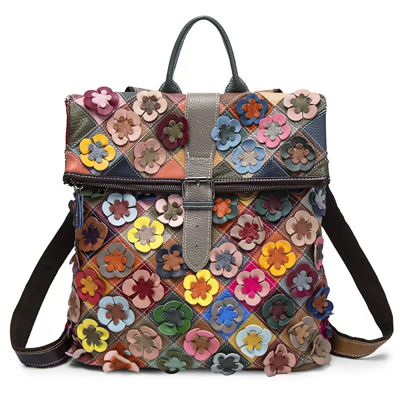 Fashion Backpack Women - ヴィンテージ女性本革バックパックフラワーリアル牛革ショルダーバッグファッションパッチワークレディース牛革トラベルバッグパック