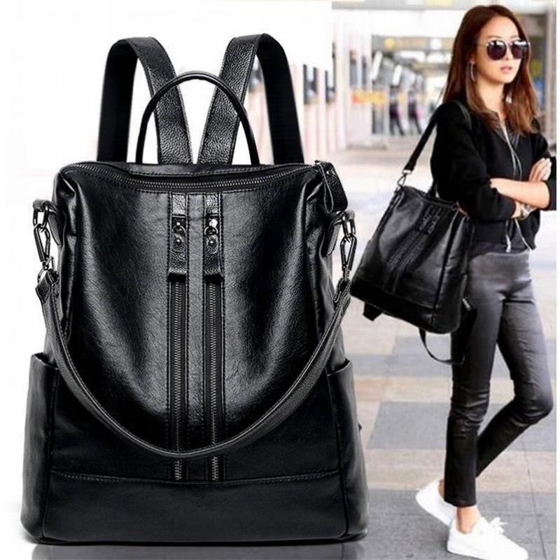 Canvas Backpack Casual - 女性ソフトレザーバックパックスクールブラックカジュアル多機能カレッジバッグ大容量ショルダーバッグトラベルトートバックパック