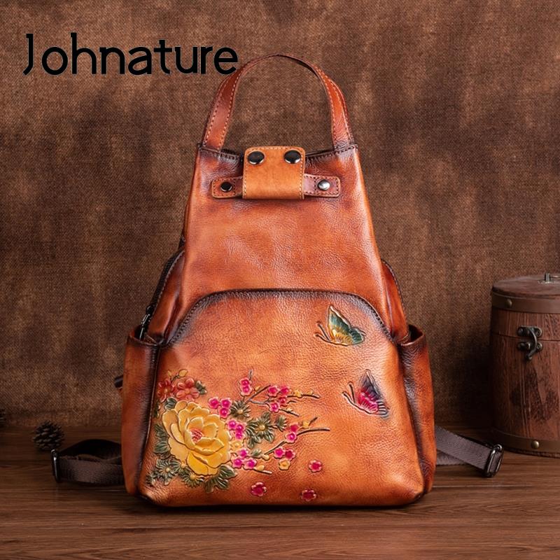 Leather Backpack Vintage - Johnature 本革エンボスショルダーバッグ女性バックパック 2026 新しいレトロ大容量自然牛革旅行バックパック