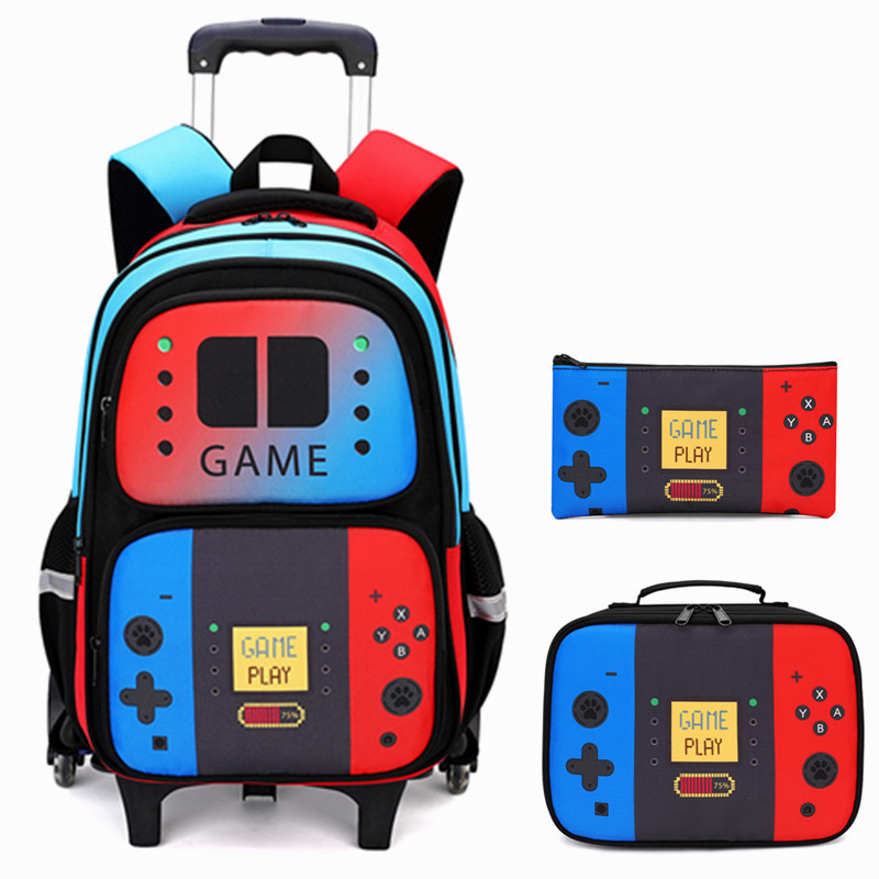 School Backpack Teen - 3個セット 子供用ローリングバックパック 男の子向け ゲーマー風 ローラーホイール付きブックバッグ ランチボックス付き