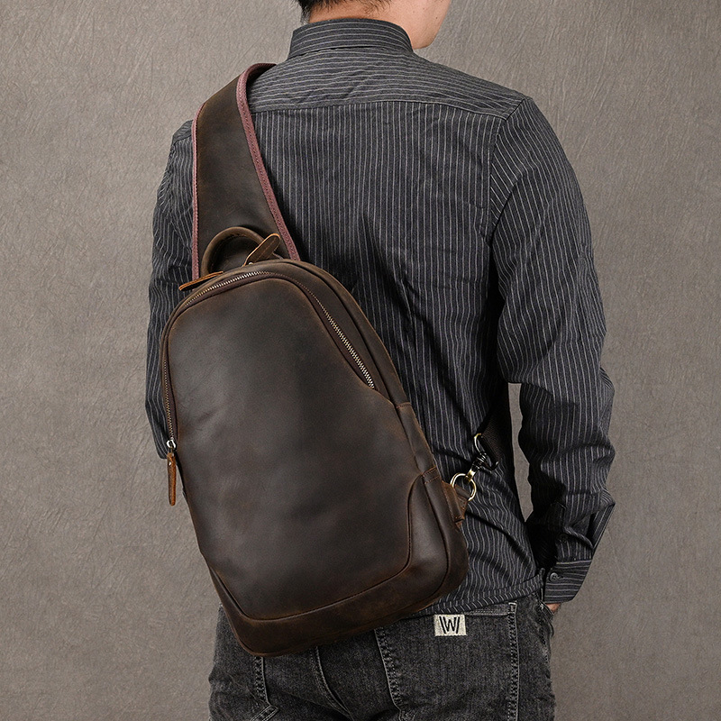 Leather Backpack Vintage - 男性用本革チェストバッグ,男性用本物の牛革スキンバッグ,シングルショルダーバックパック,カジュアル,アウトドア用,大型