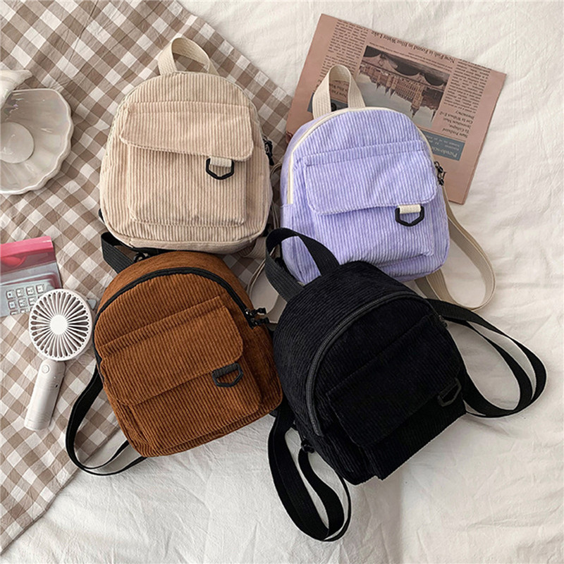 Fashion Backpack Women - 無地ミニバックパックコーデュロイ小さなバックパックシンプルなカジュアル学生ランドセル旅行リュックサックファッション女性 Soulder バッグ