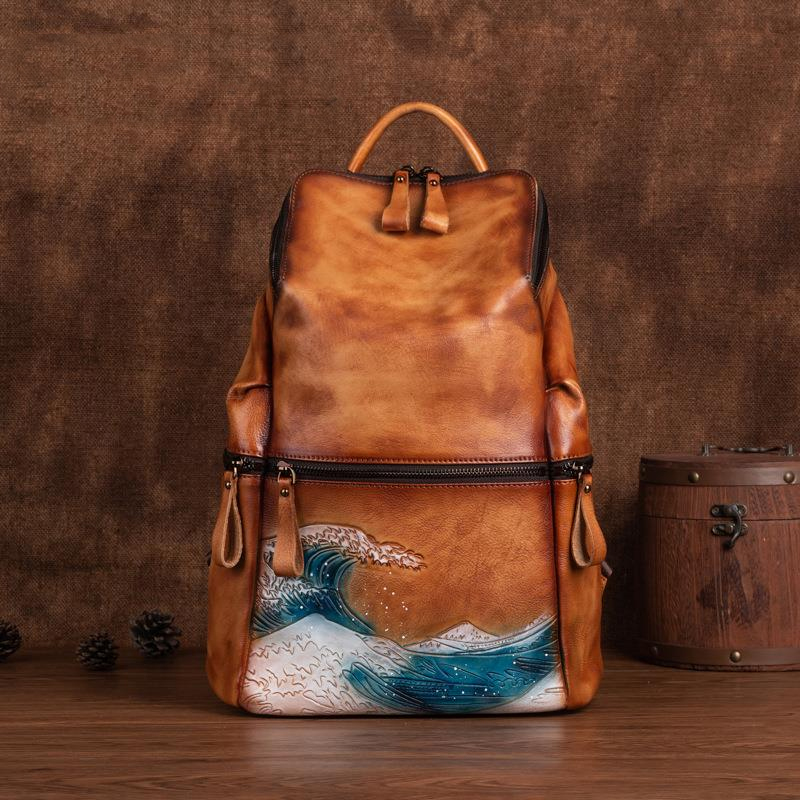 Leather Backpack Vintage - 女性のための本革のバックパック,大容量,アウトドア旅行,冬,手作り,天然牛革,2022