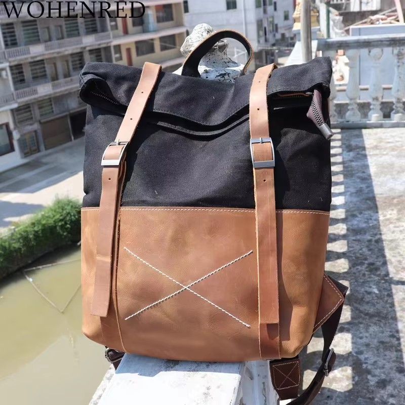 ファッションメンズバックパックワックスキャンバス牛革レザーバ - Leather Backpack Vintage のレビューと価格