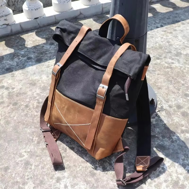 ファッションメンズバックパックワックスキャンバス牛革レザーバ - Leather Backpack Vintage のレビューと価格